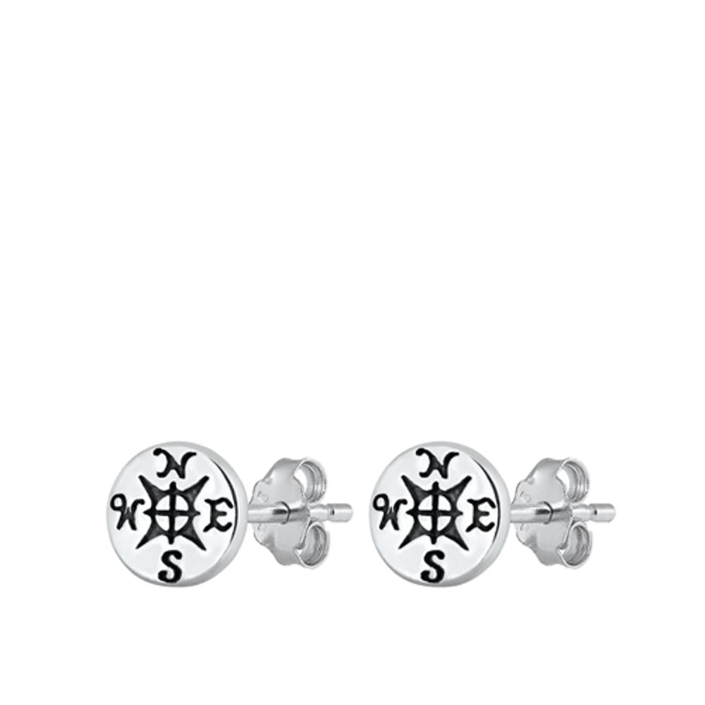 Hammered Mini Compass Oxidized Stud Earrings – Sterling Silver