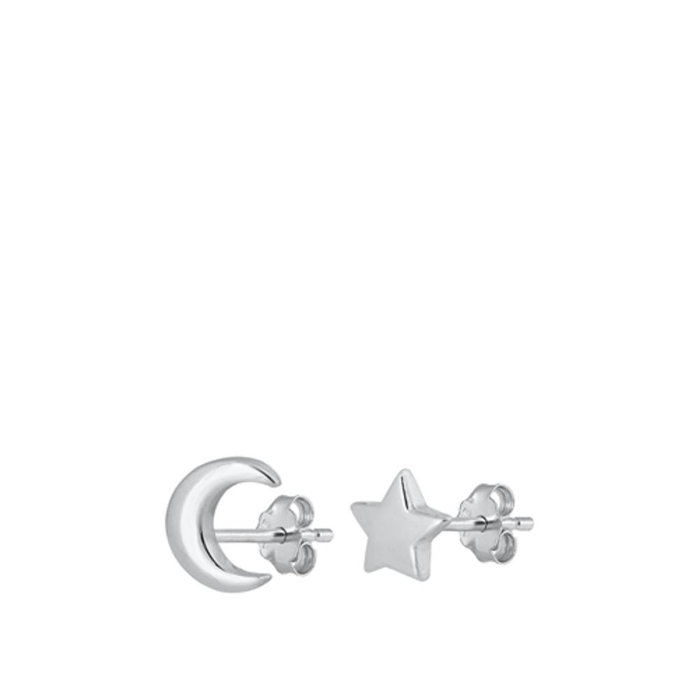 Moon And Star Mismatch High Polished Stud Earrings – Sterling Silver