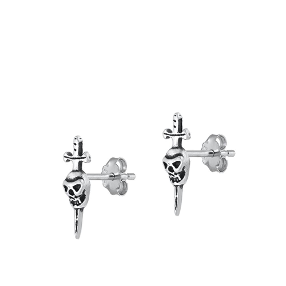 Classic Creepy Skull Dagger Oxidized High Earrings – Sterling Silver