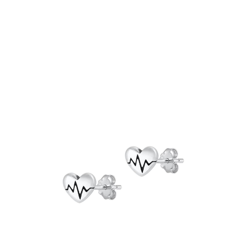 Heartbeat EKG Heart Oxidized Push Back Stud Earrings – Sterling Silver
