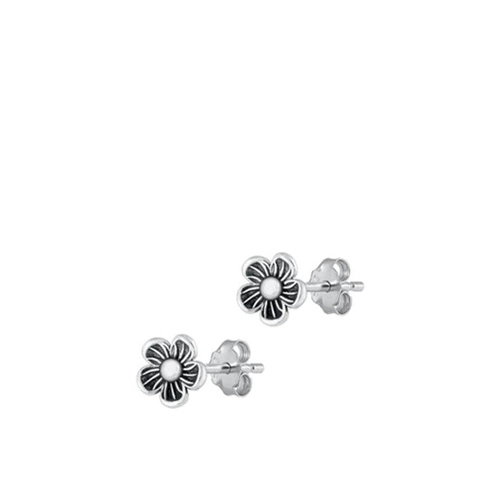 High Polished Oxidized Flower Stud Earrings – Sterling Silver