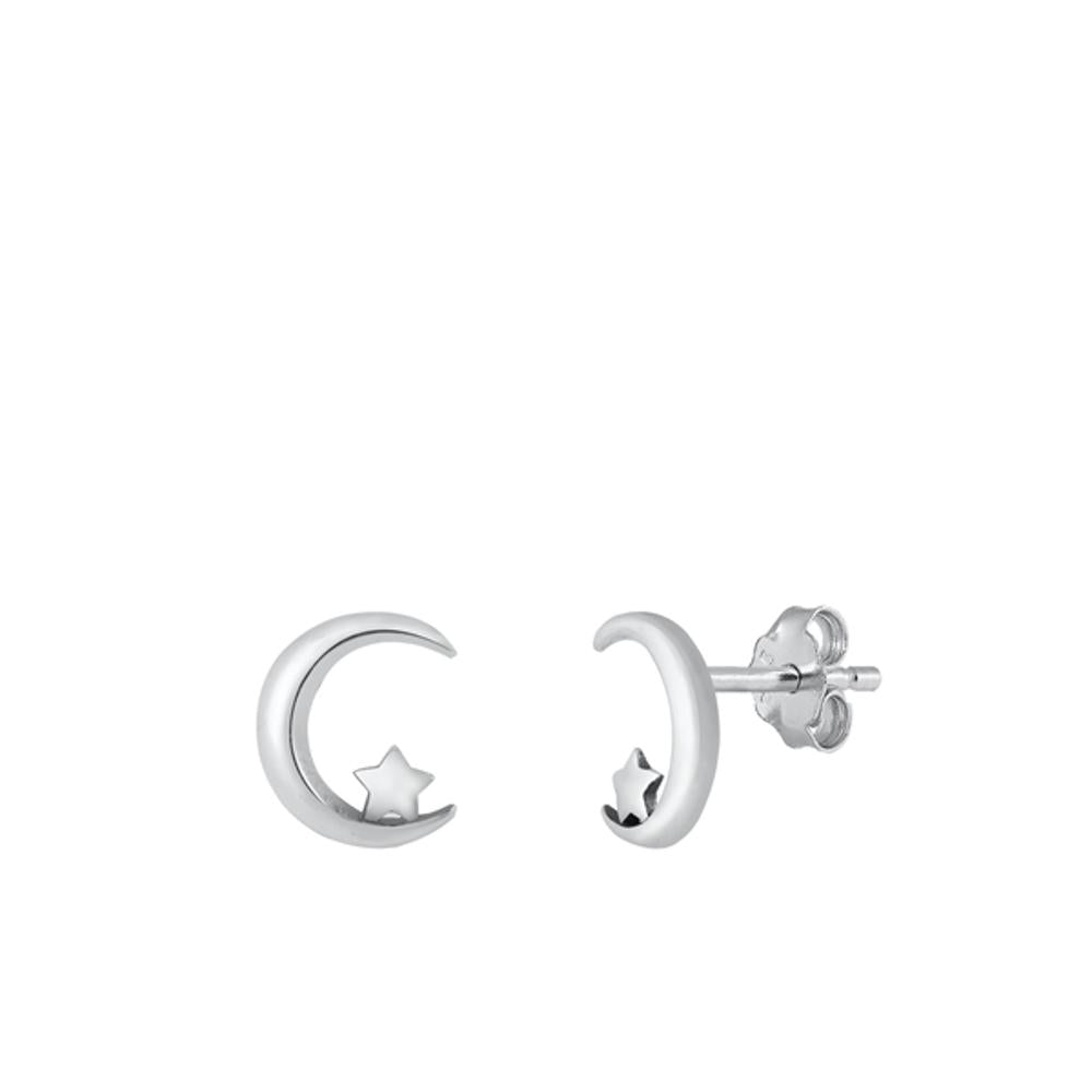 High Polished Moon & Star Stud Earrings – Sterling Silver