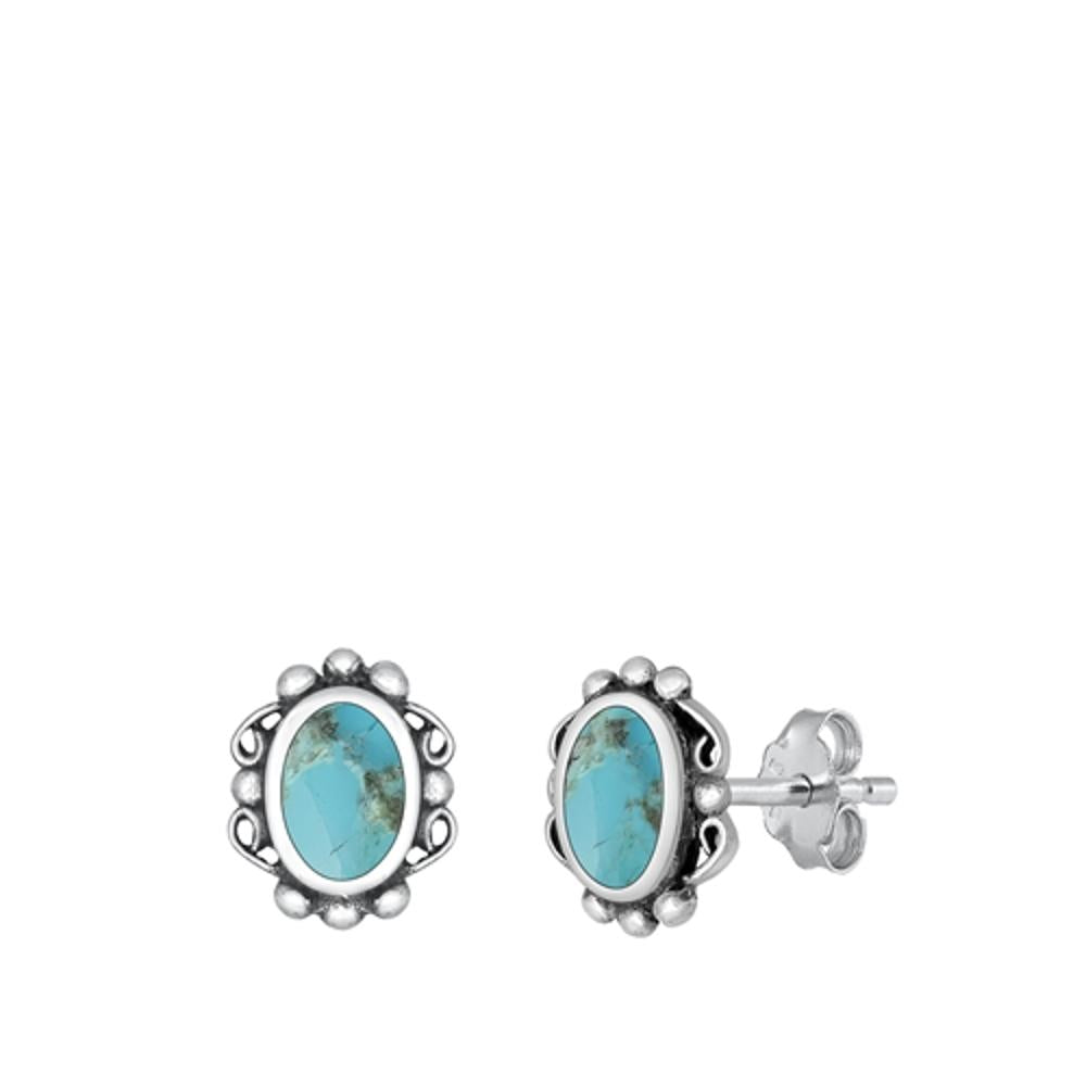 Oxidized Bali High Polished Simulated Turquoise Stud Earrings – Sterling Silver