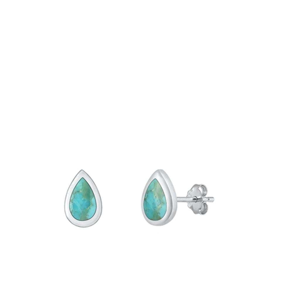 High Polished Teardrop Simulated Turquoise Stud Earrings – Sterling Silver