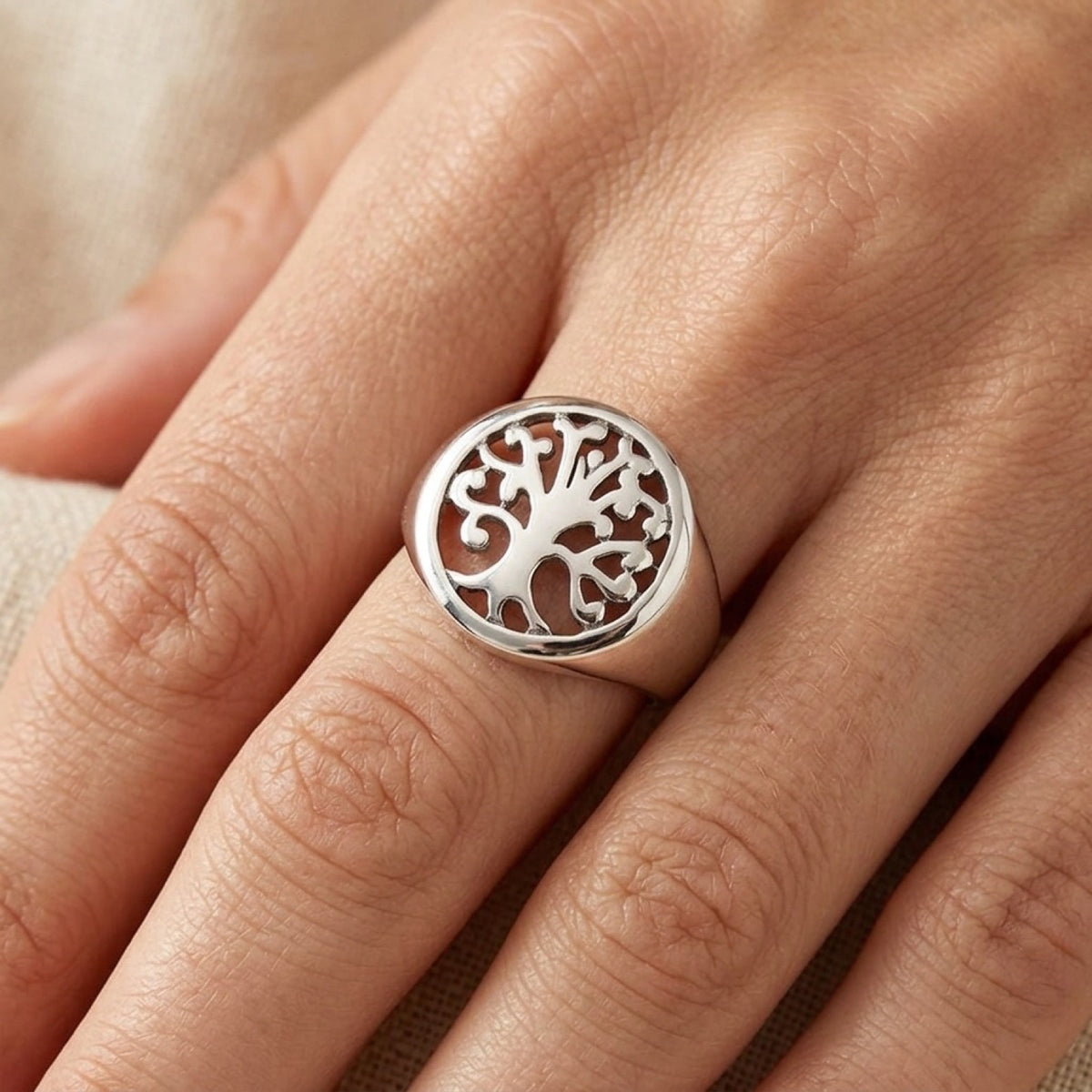 Filigree Tree of Life Cutout Ring worn