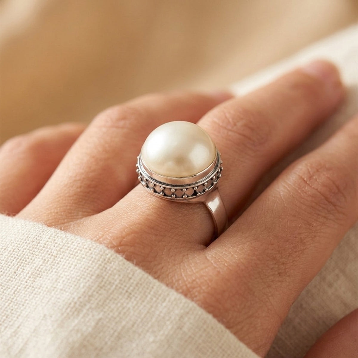 Freshwater Pearl Bali Bead Round Ring worn