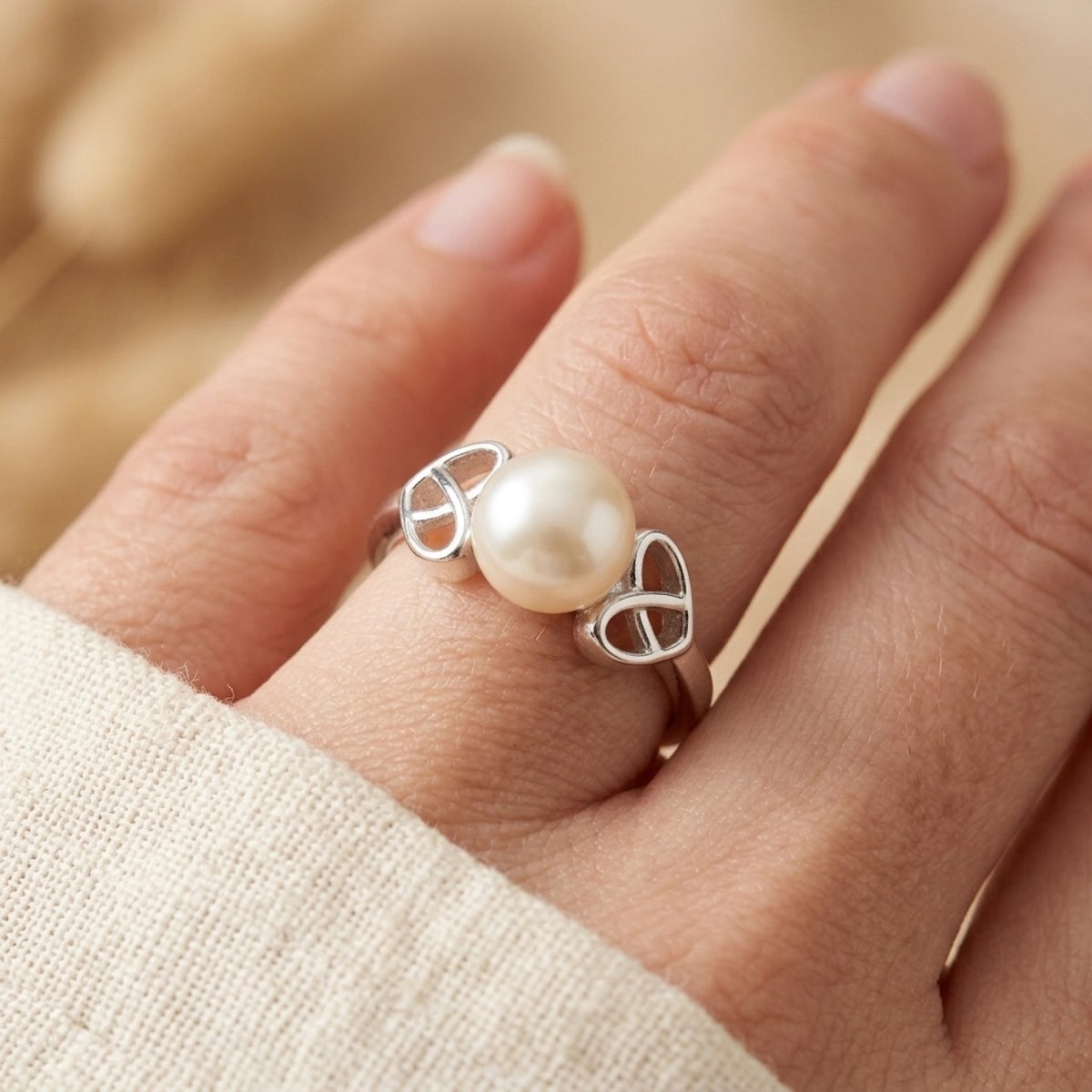 Freshwater Pearl Heart Celtic Knot Ring worn