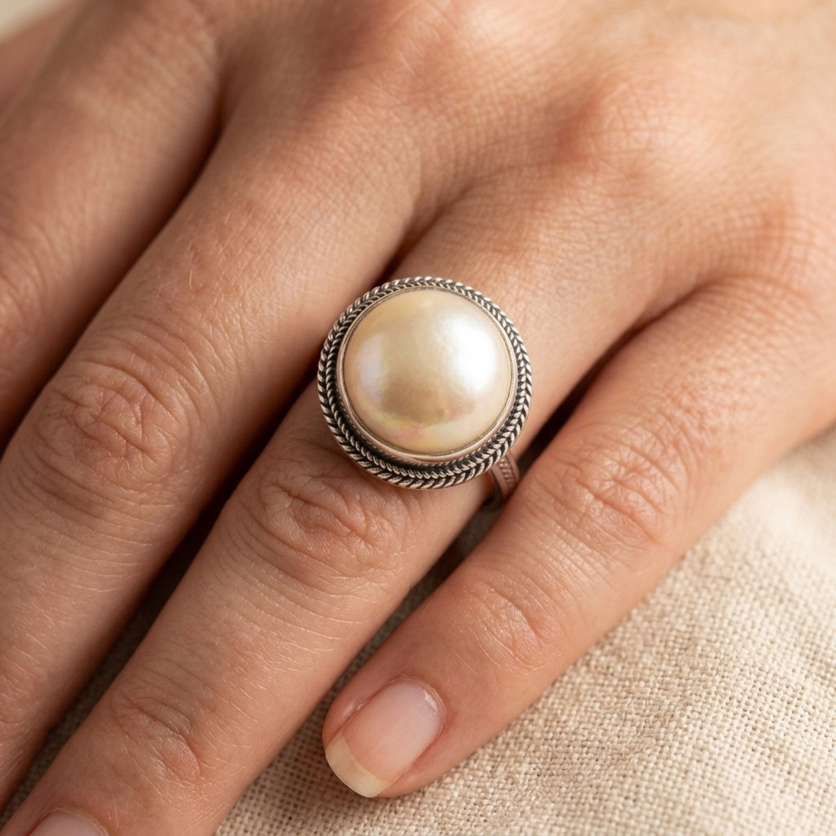 Freshwater Pearl Oxidized Rope Bali Ring worn