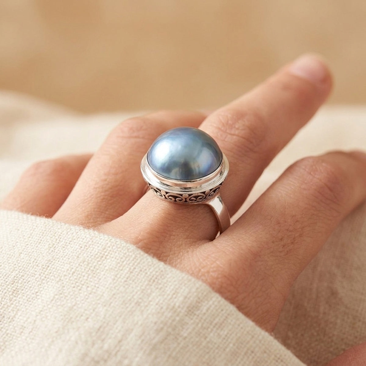 Freshwater Pearl Raised Heart Filigree Ring worn
