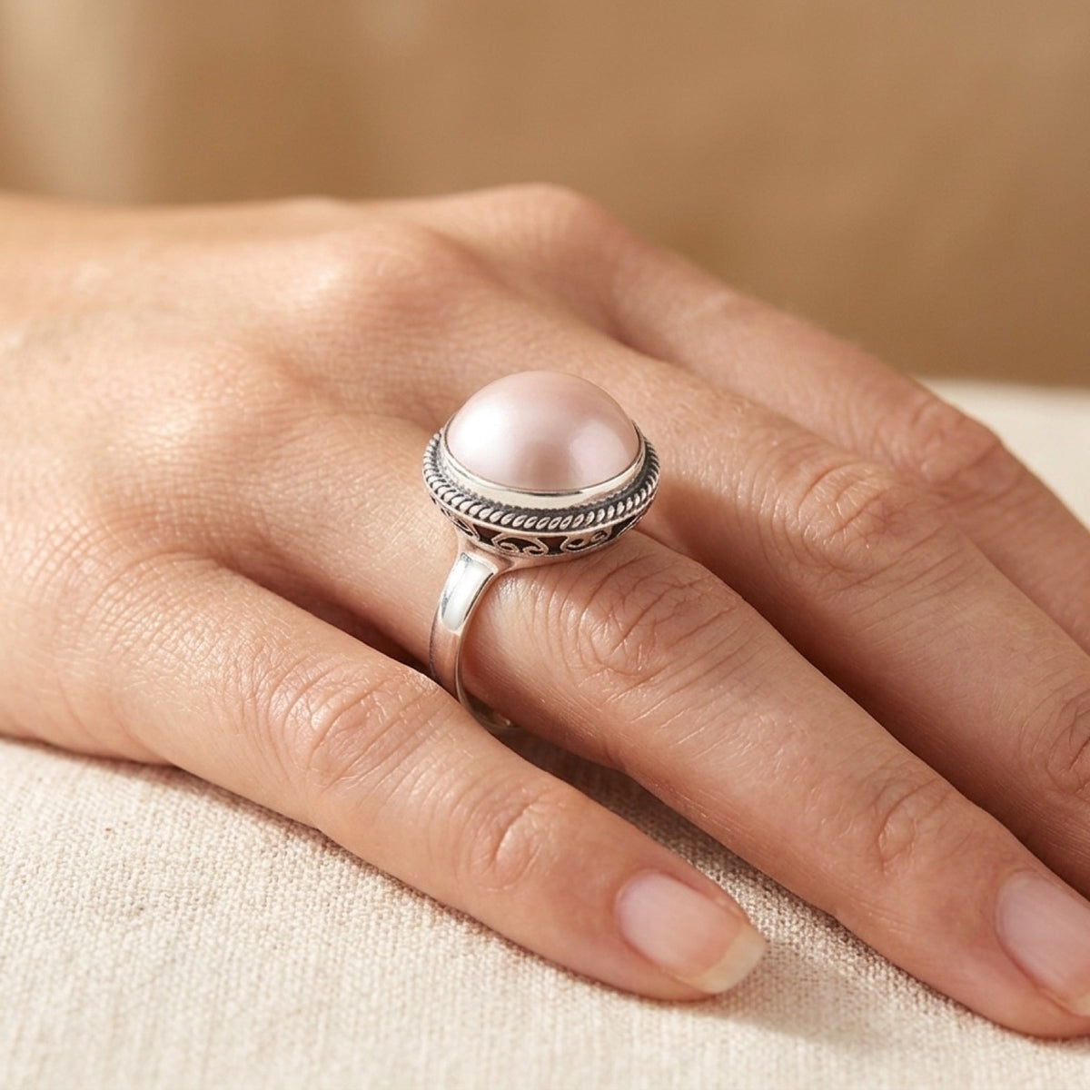Freshwater Pearl Round Filigree Heart Ring worn