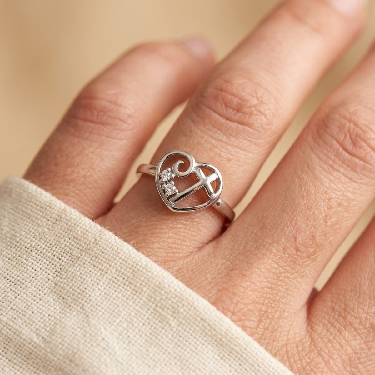 Heart Cross Love Christ White CZ Ring worn