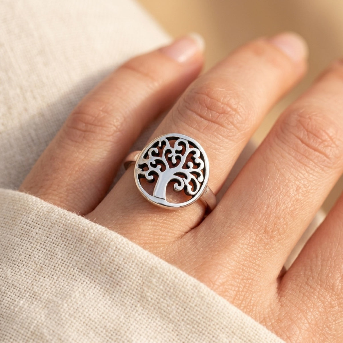 High Tree of Life Swirl Ring worn