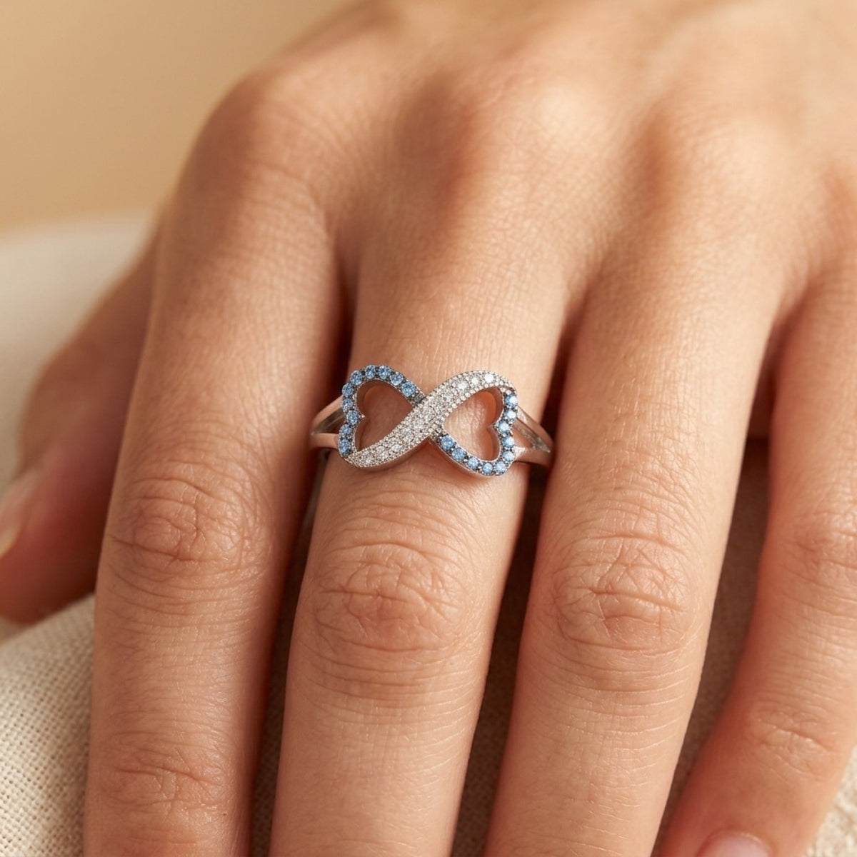 Infinity Heart Blue Sapphire CZ Ring worn