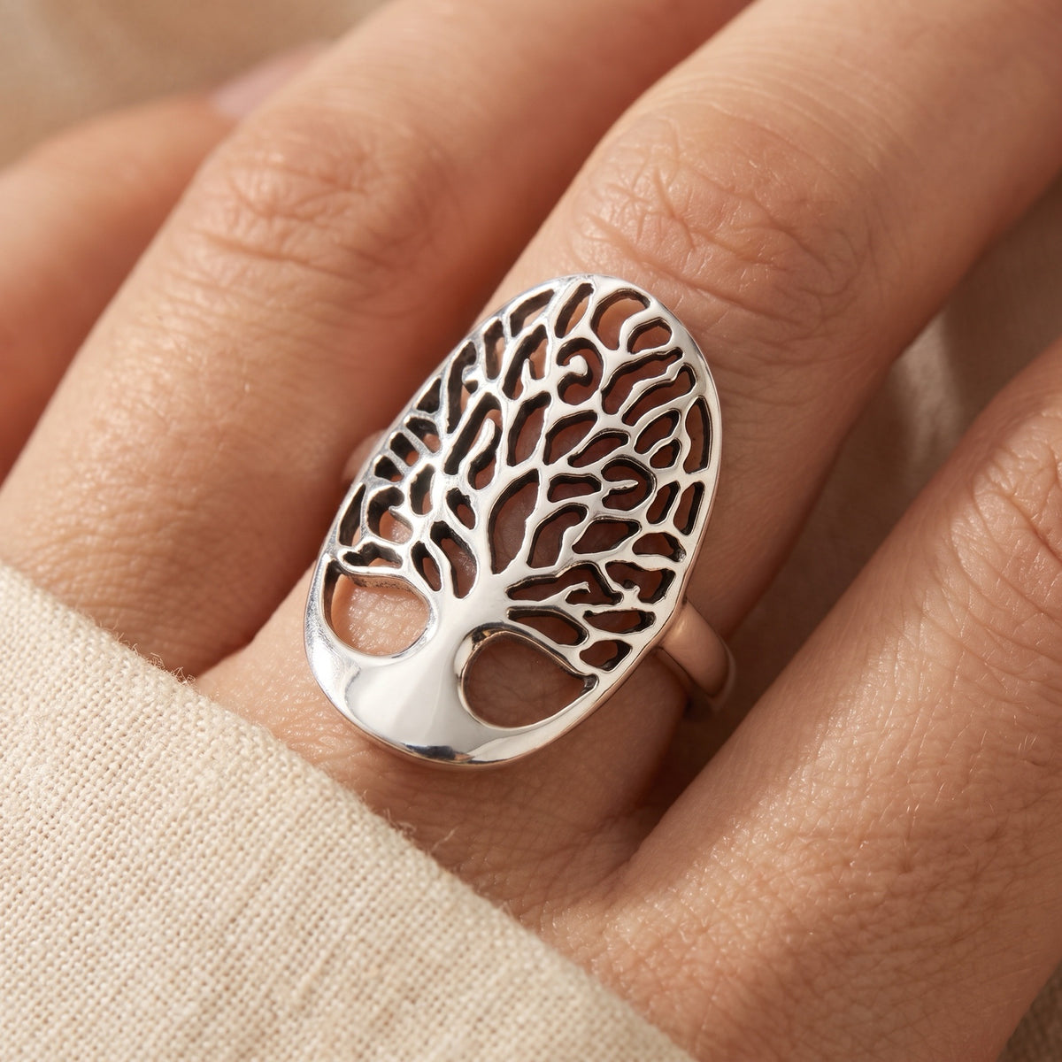 Large Cutout Tree of Life Ring worn