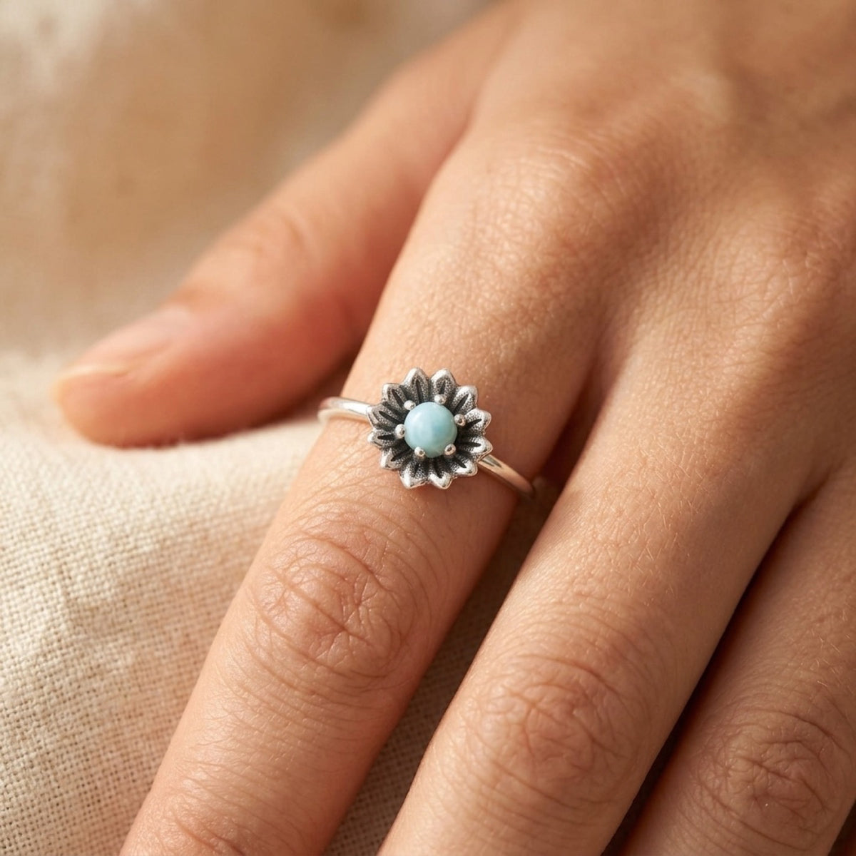 Larimar Flower Simple Love Ring worn