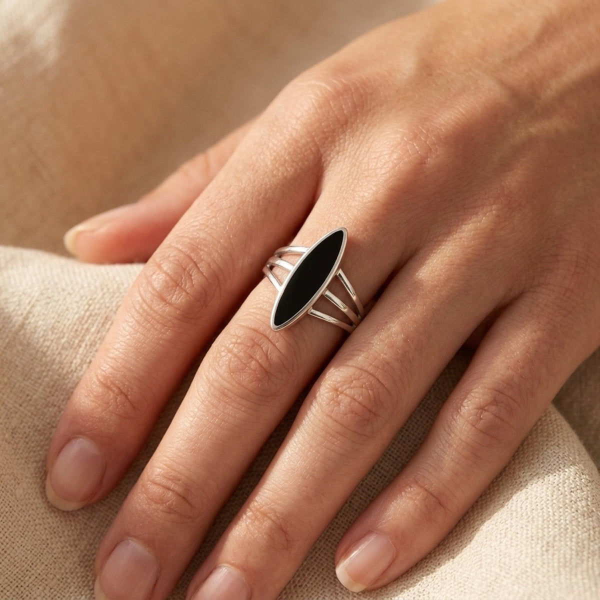 Marquise Black Onyx Love Ring worn