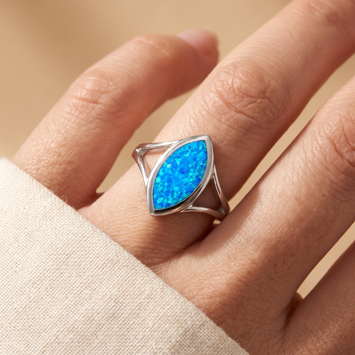 Marquise Blue Lab Opal Solitaire Wide Ring worn