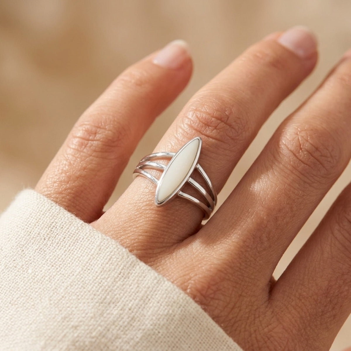Marquise Mother of Pearl Ring worn