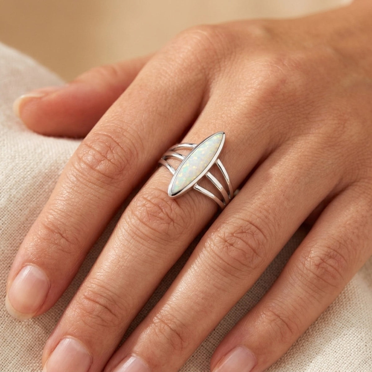Marquise White Lab Opal Ring worn