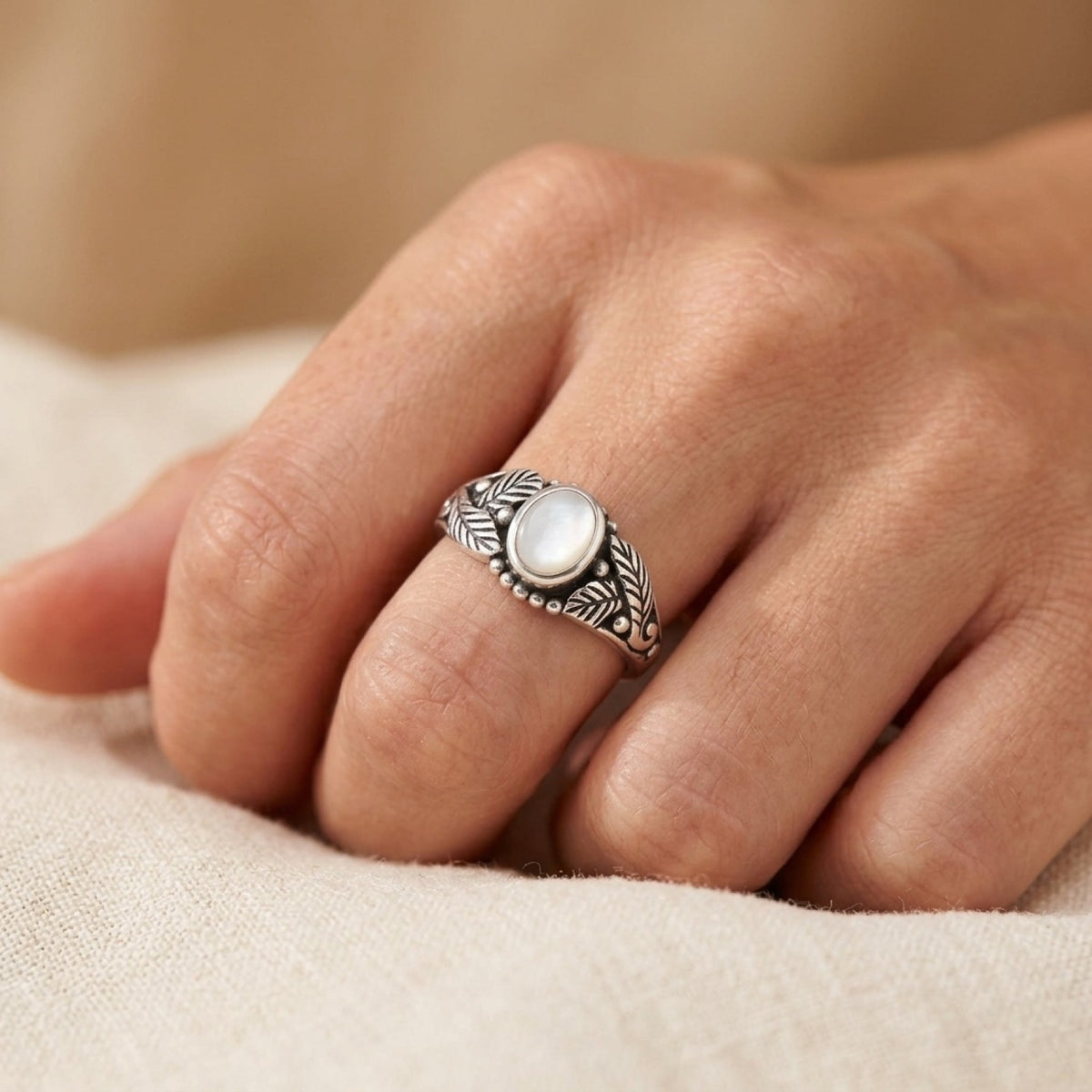 Mother of Pearl Leaf Simple Ring worn