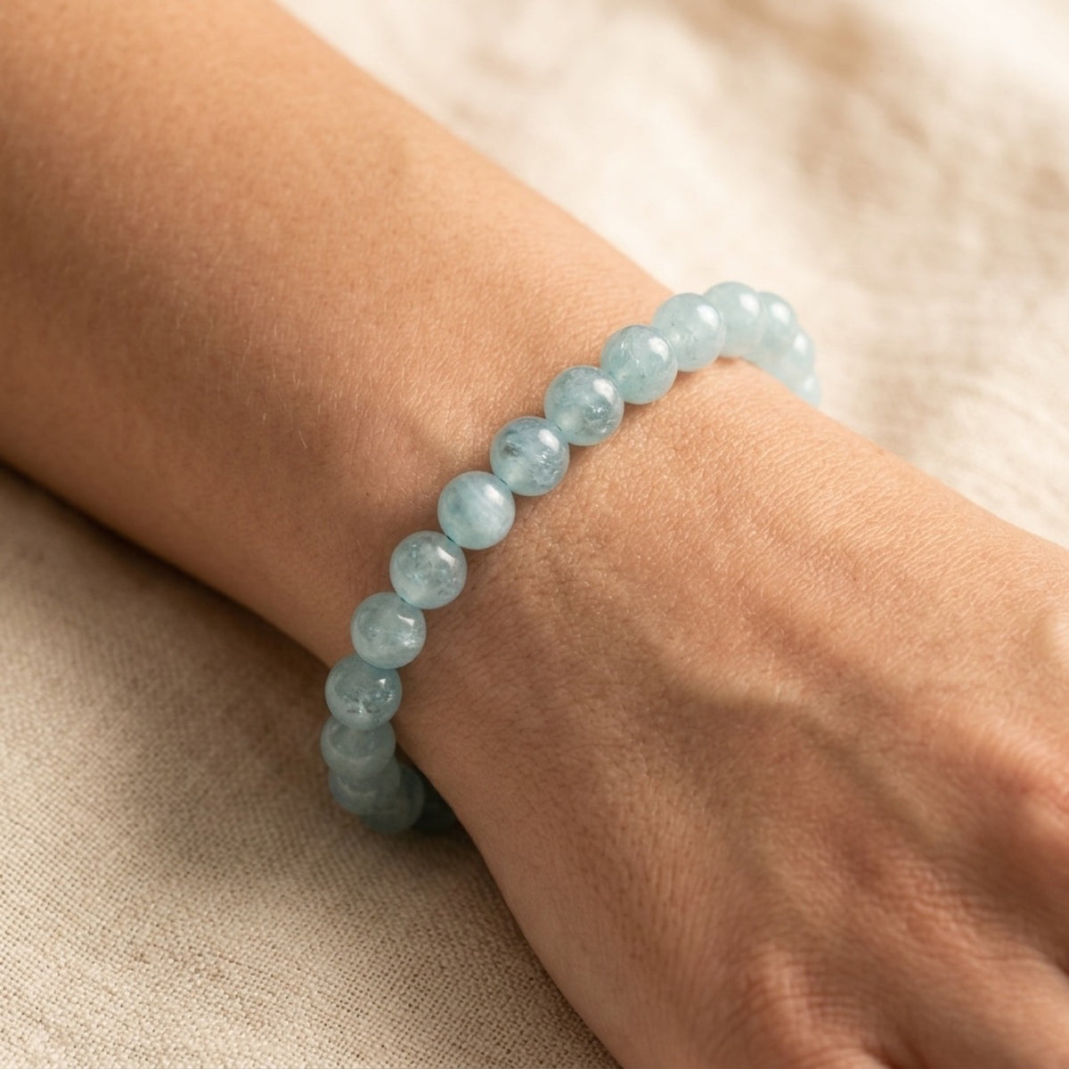 4 6mm Aquamarine Stretch Bracelet worn