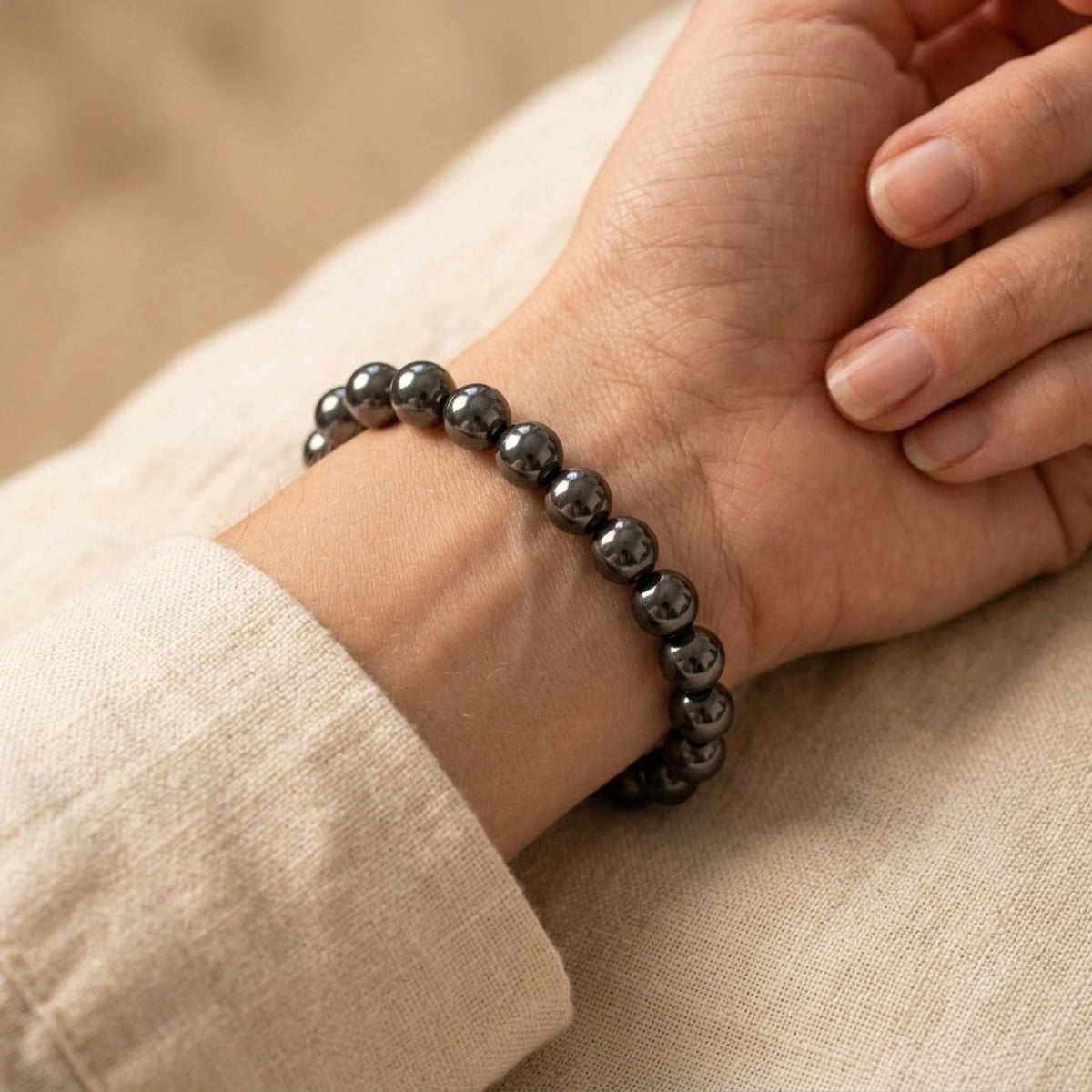Hematite 4mm Stretch Bracelet worn