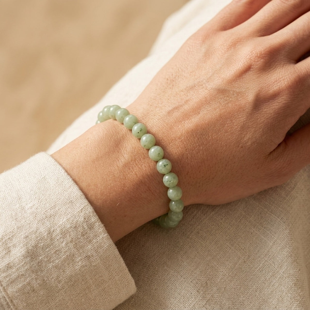 4mm Chinese Jade Stretch Bracelet worn
