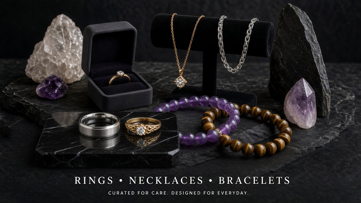 Jewelry still life — rings, necklaces, gemstone bracelets