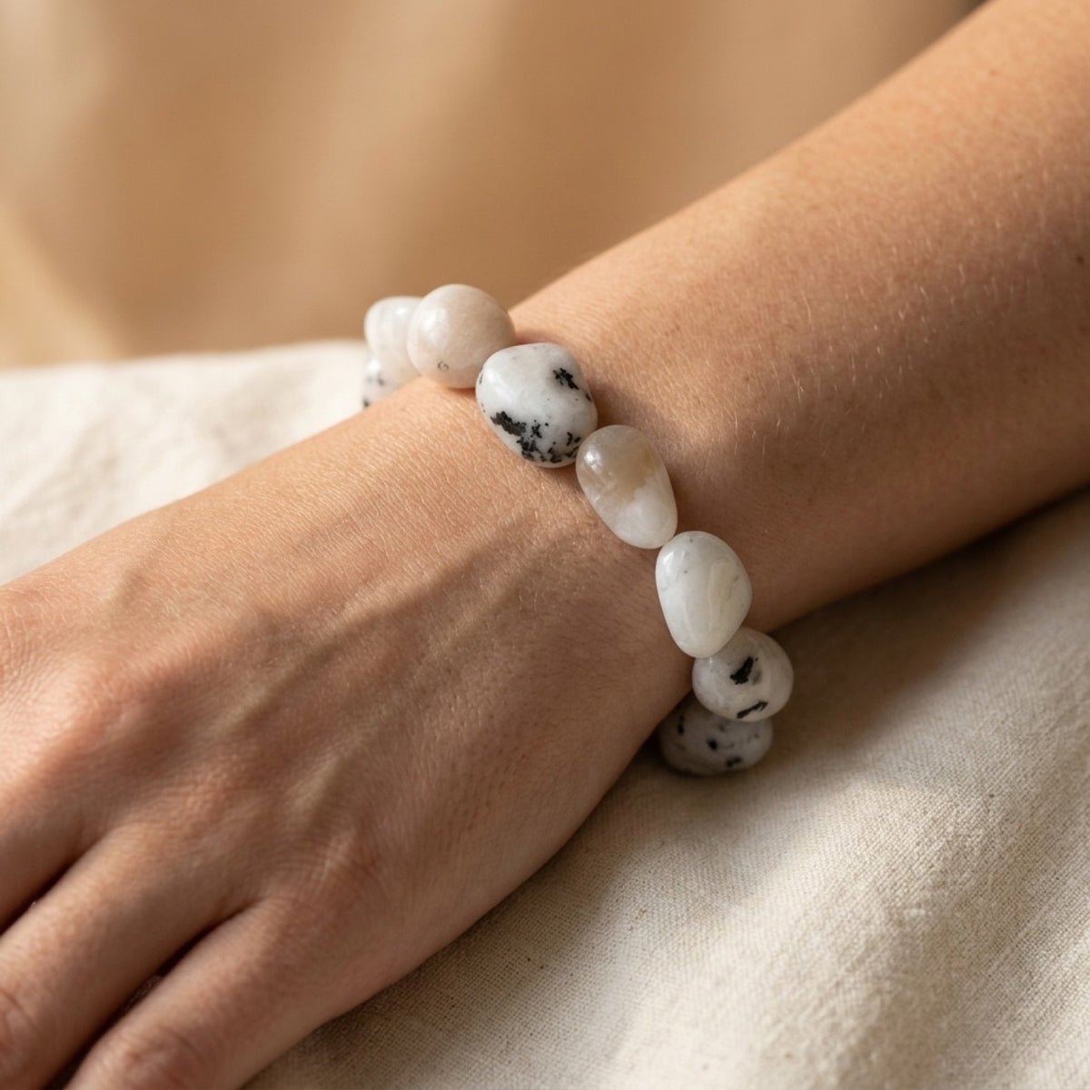 Rainbow Moonstone Stretch Bracelet worn