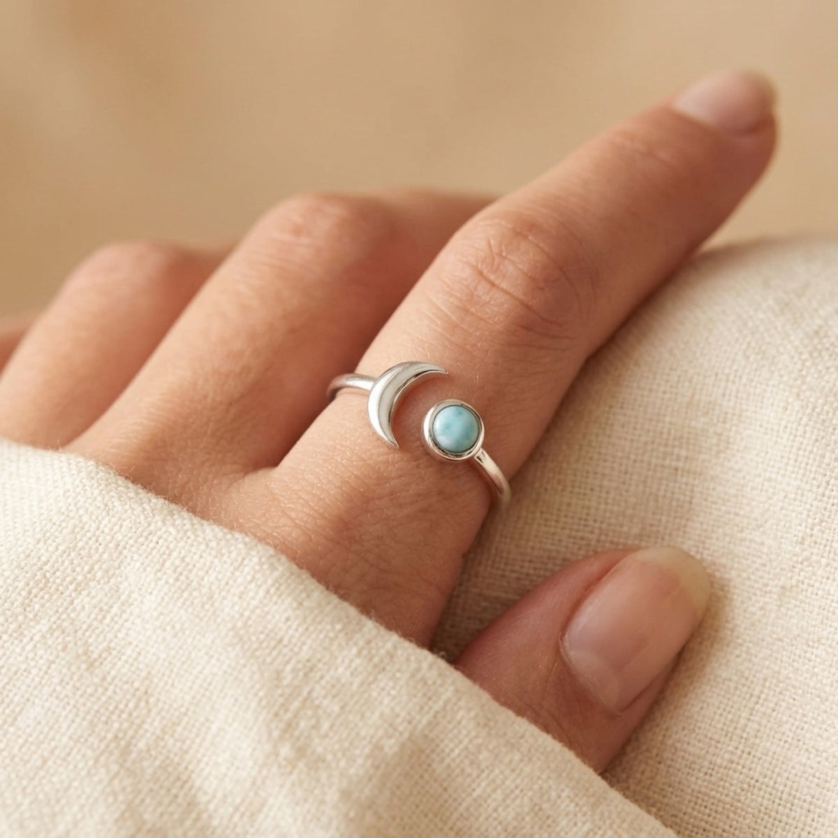 Open Moon Wrap Boho Larimar Ring worn