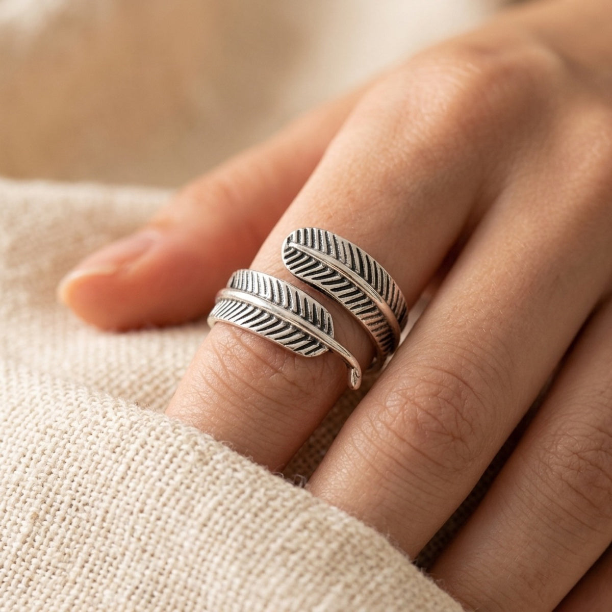 Open Tree Leaf Feather Eternity Ring worn