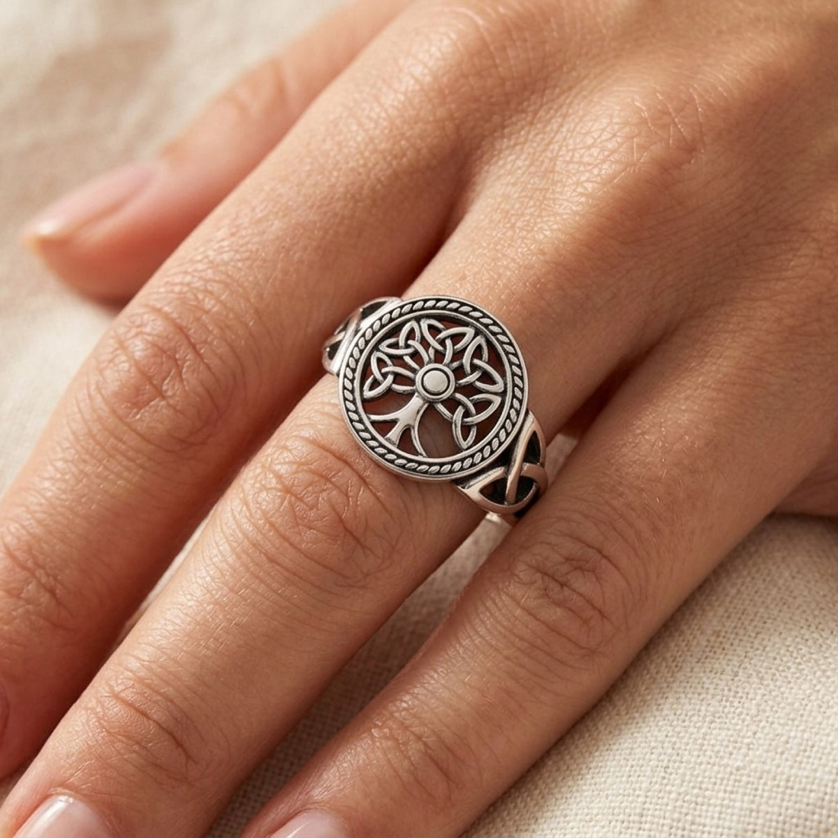 Ornate Celtic Knot Tree of Life Ring worn