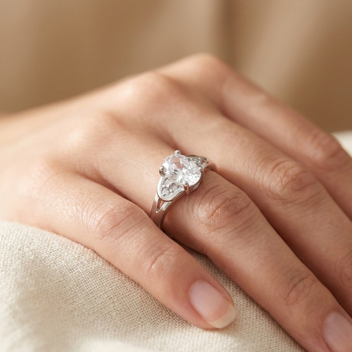Oval Clear CZ Solitaire Bridal Engagement Ring worn