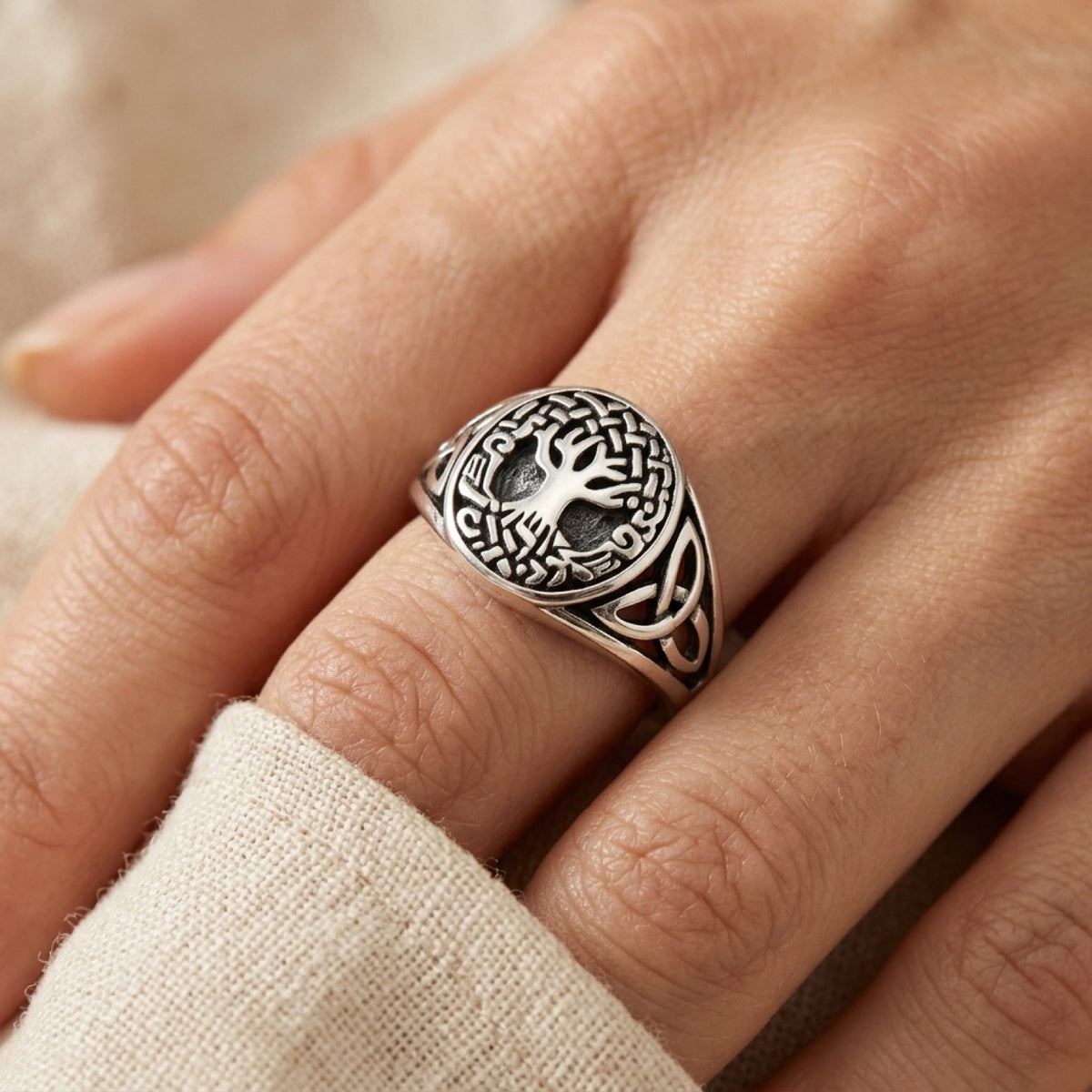 Oxidized Celtic Tree of Life Knot Ring worn