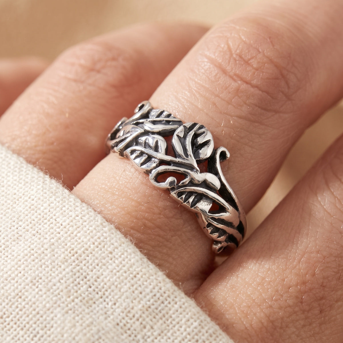 Oxidized Leaf Filigree Floral Tree Ring worn