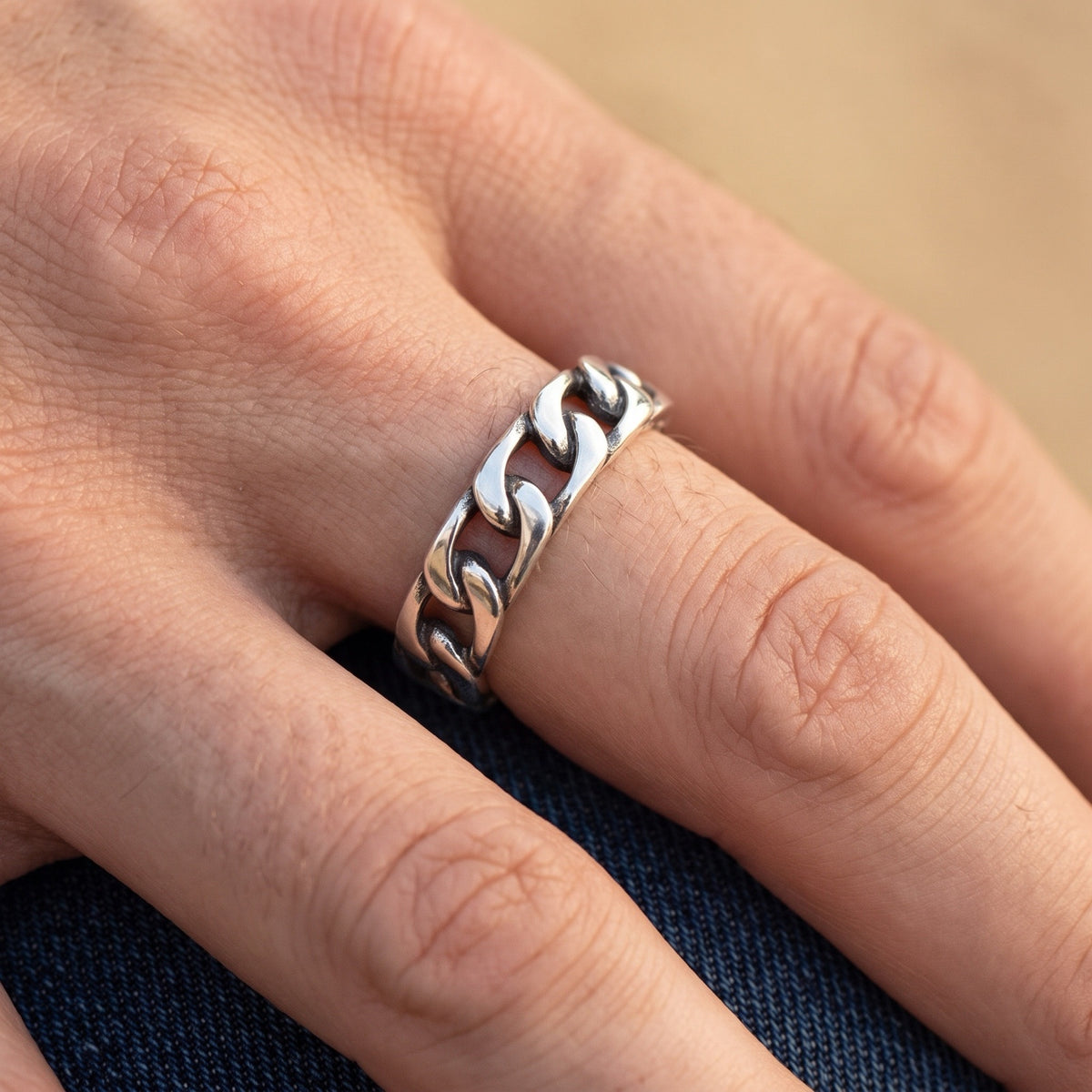Oxidized Men's Curb Link Ring worn