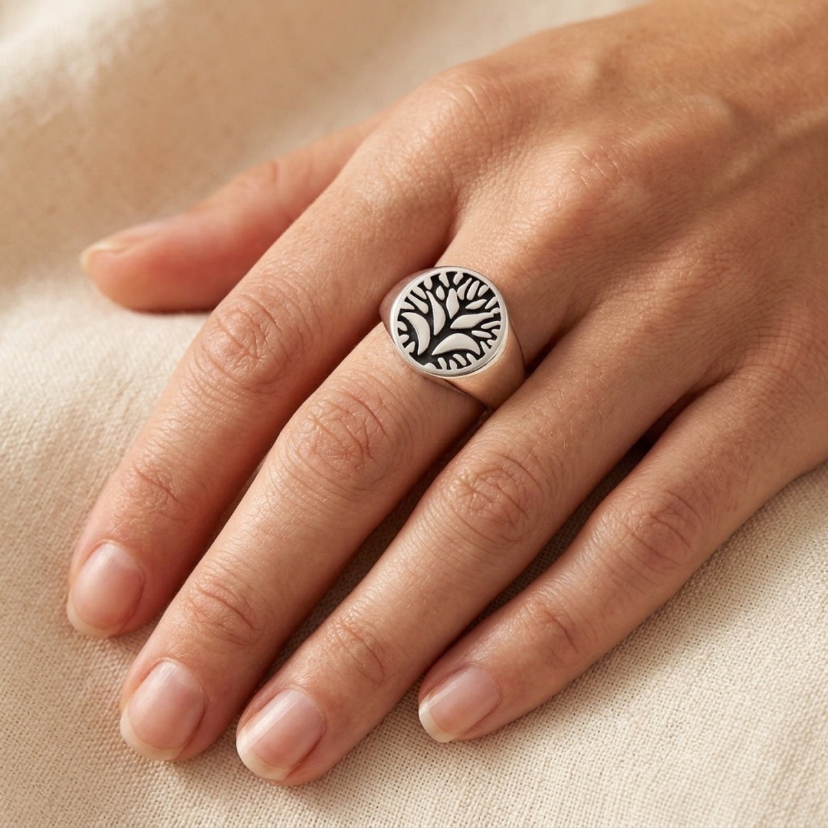 Oxidized Tree of Life Fountain Joy Ring worn