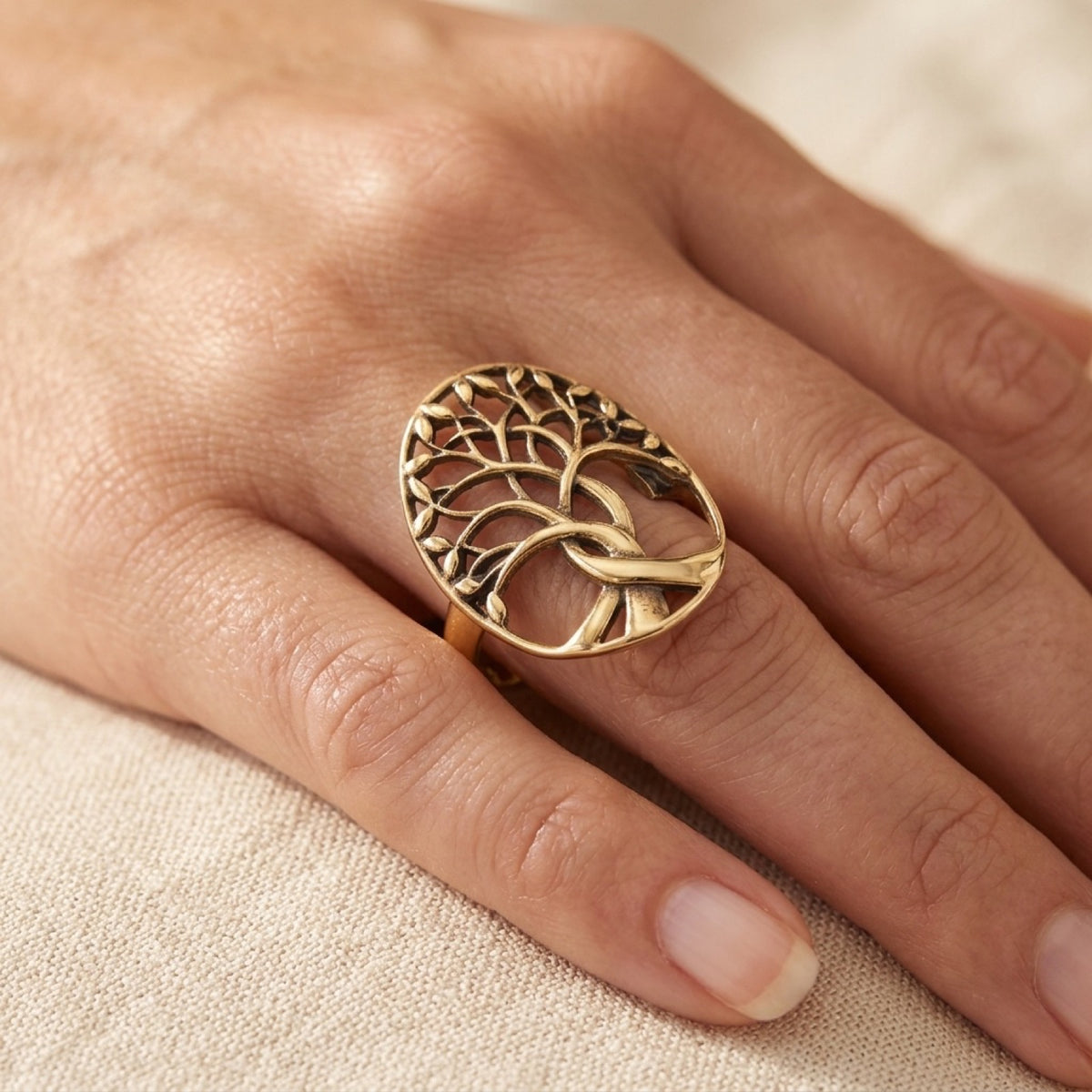 Oxidized Yellow Gold Tone Tree of Life Ring worn
