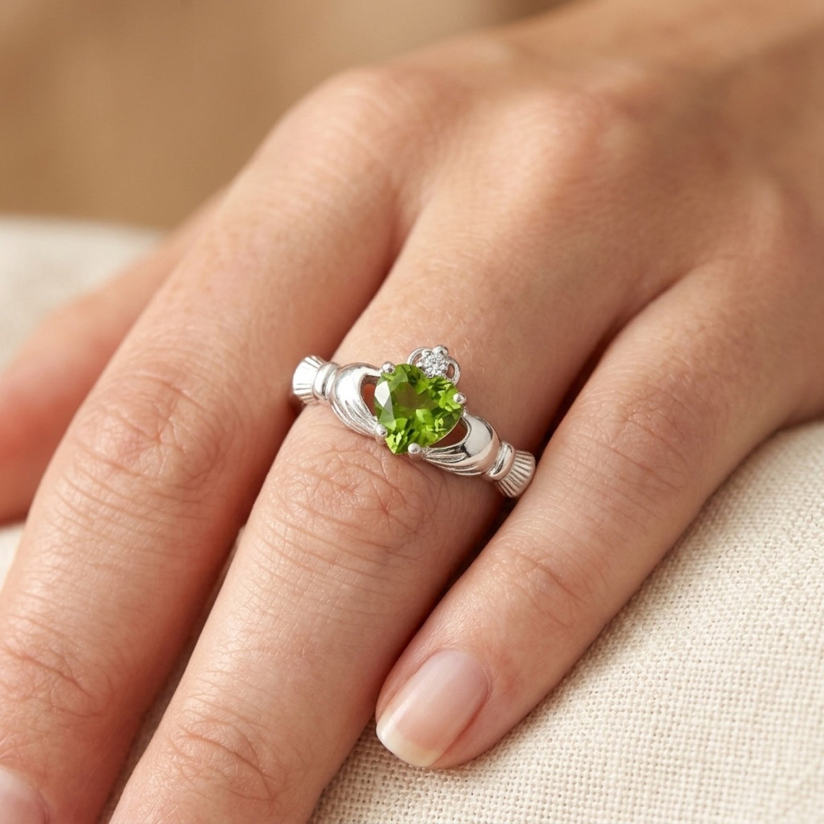 Peridot CZ Claddagh Heart Friendship Ring worn