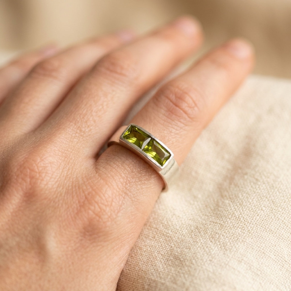 Peridot CZ Small Baby Ring worn