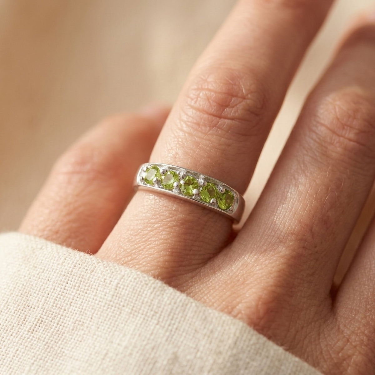 Peridot CZ Simple Studded Baby Ring worn