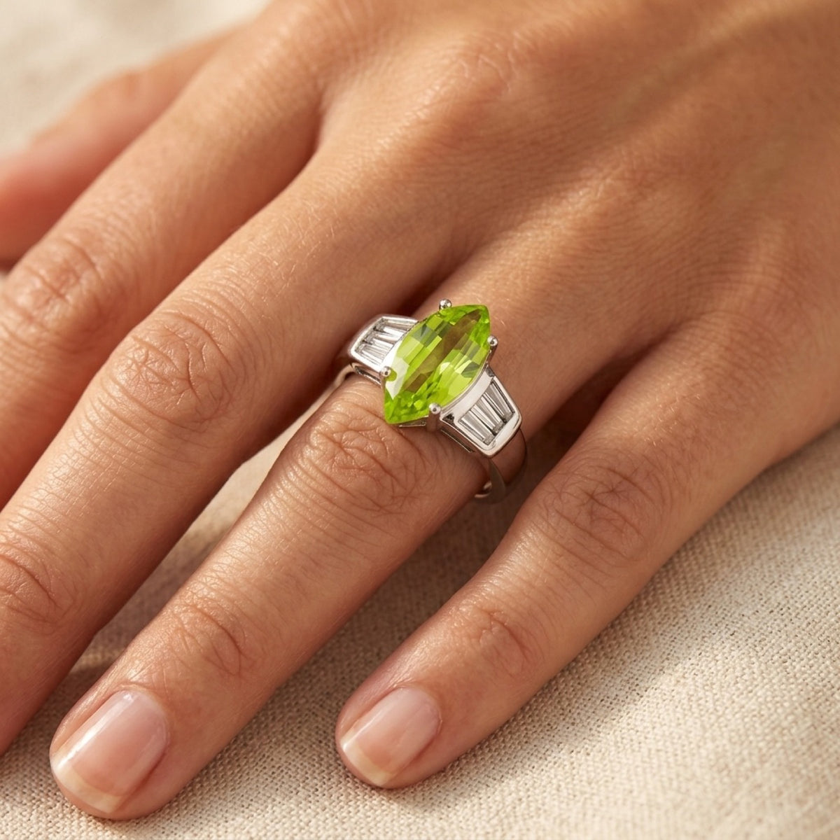 Peridot CZ Curved Marquise Ring worn