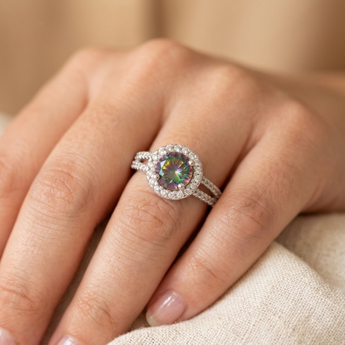 Rainbow Topaz CZ Solitaire Ring worn