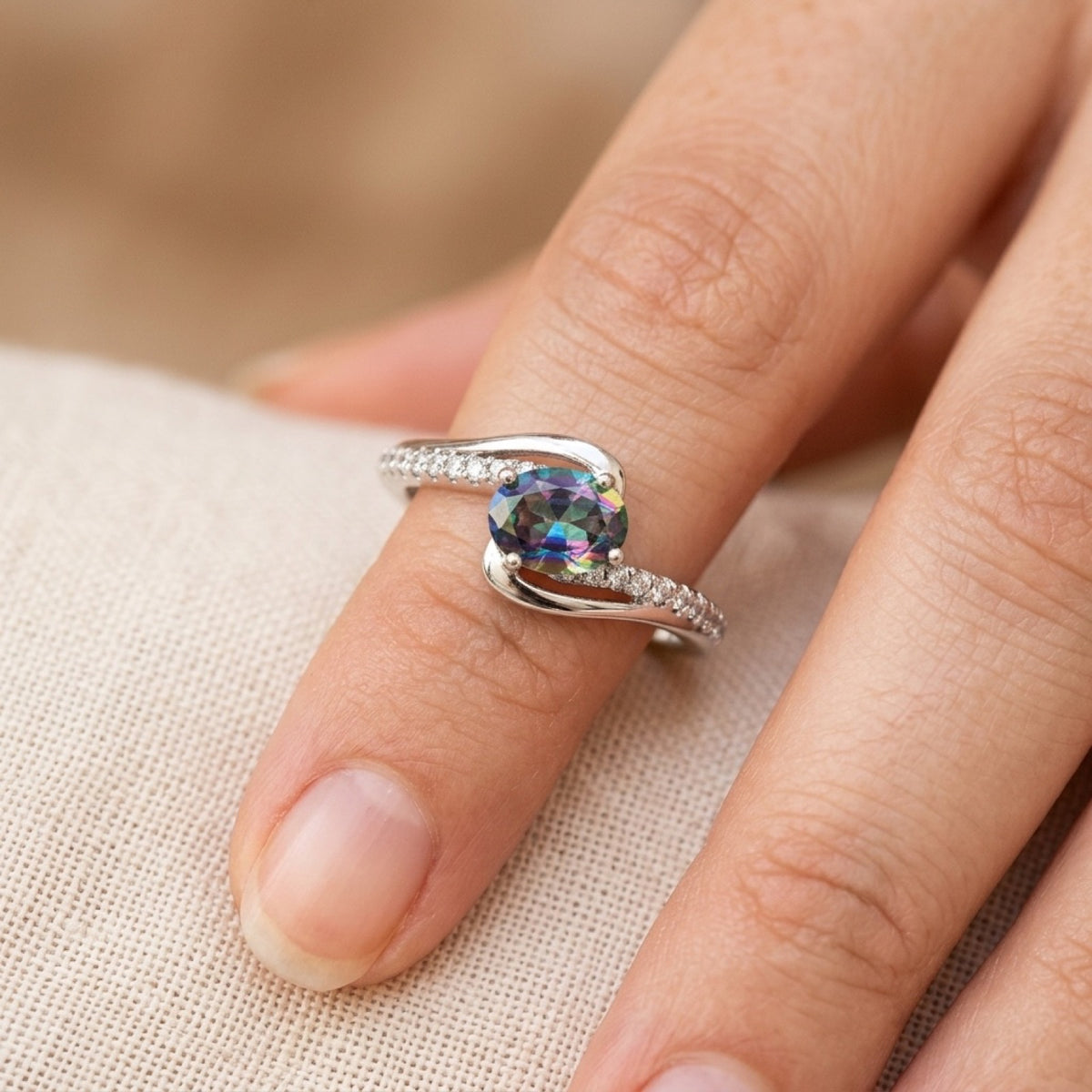 Rainbow Topaz CZ Wavy Promise Ring worn