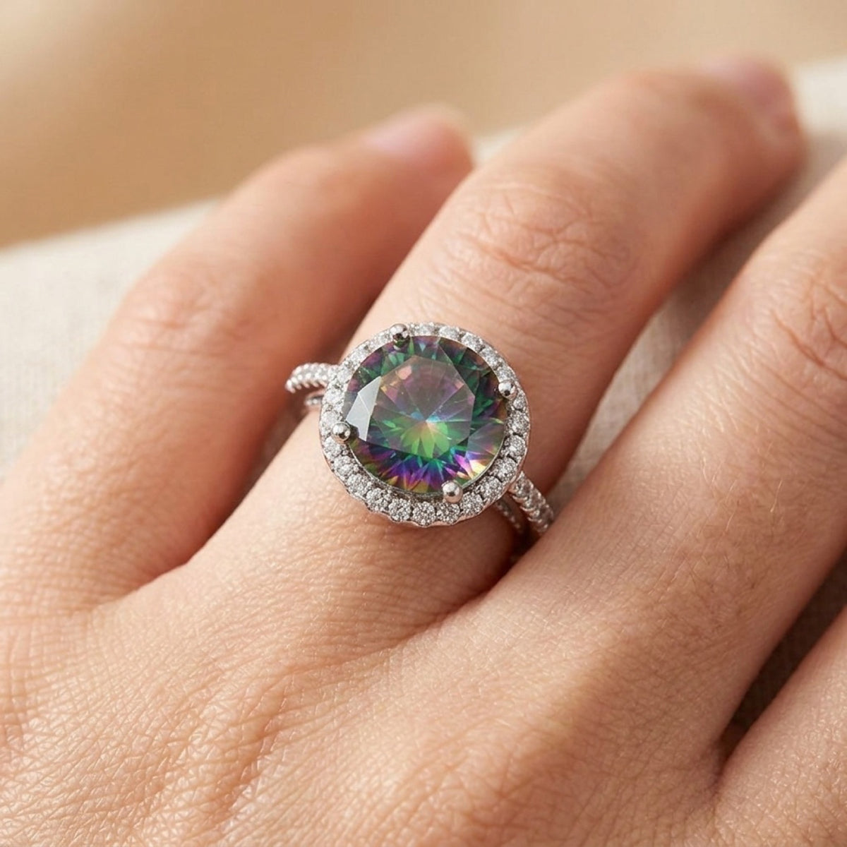 Rainbow Topaz Round Halo Promise Ring worn