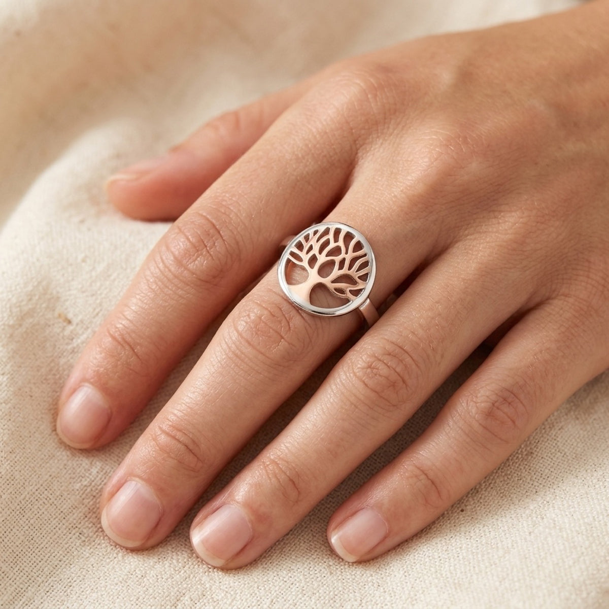 Rose Gold Tone Tree of Life Cutout Ring worn