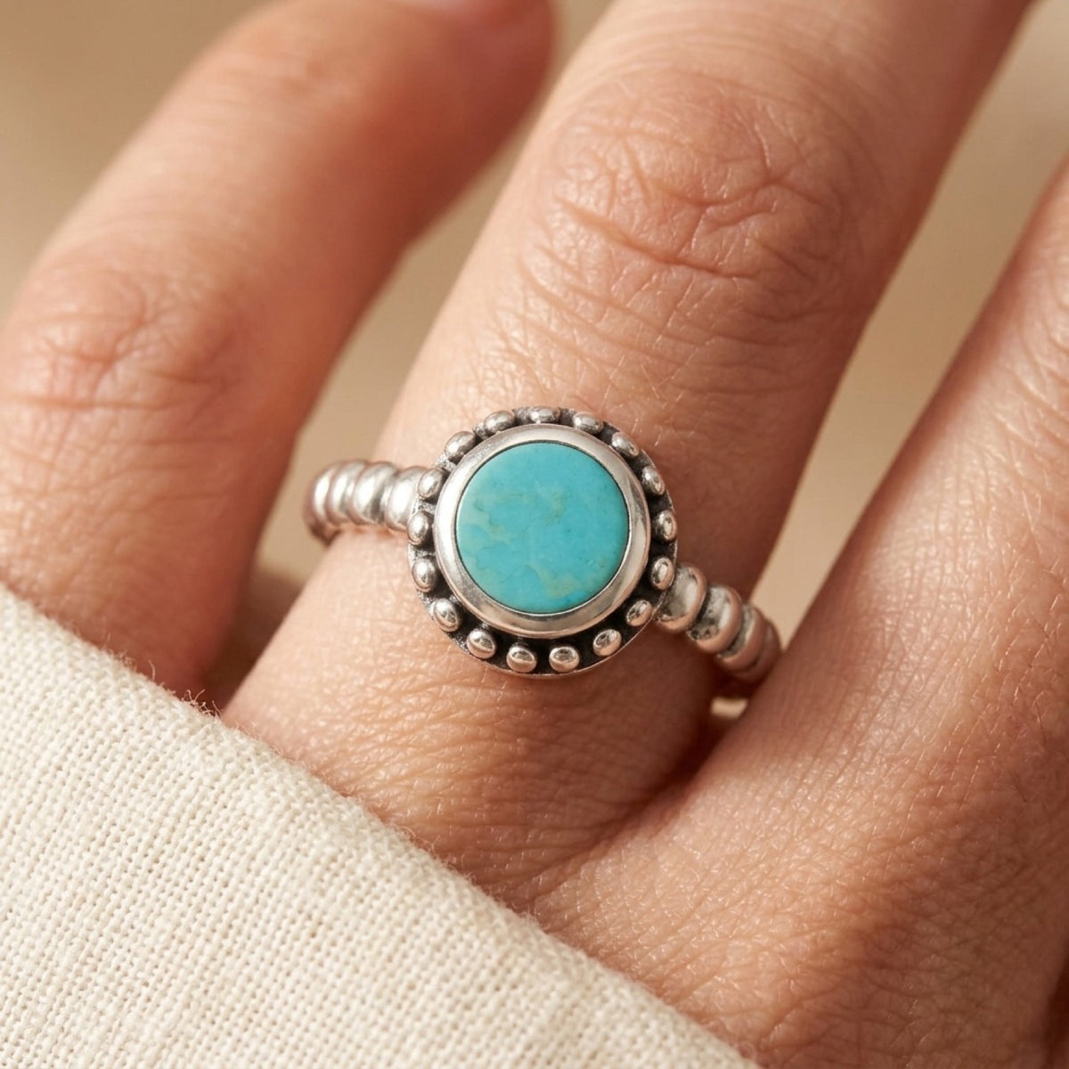 Round Bali Boho Turquoise Classic Ring worn