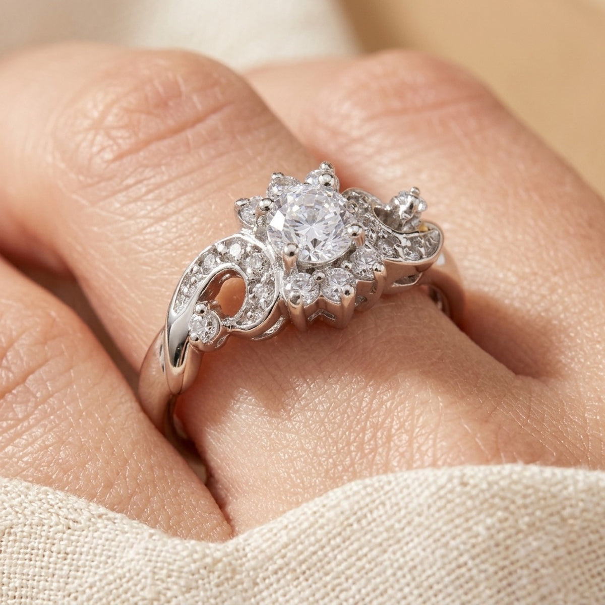 Round Clear CZ Solitaire Bridal Engagement Ring worn