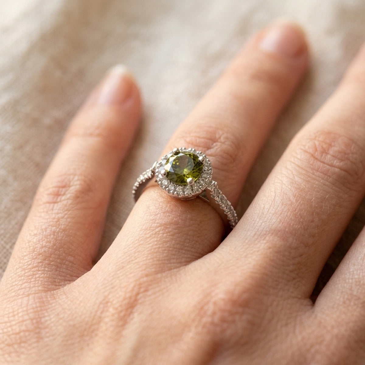 Round Olive CZ Solitaire Halo Engagement Ring worn