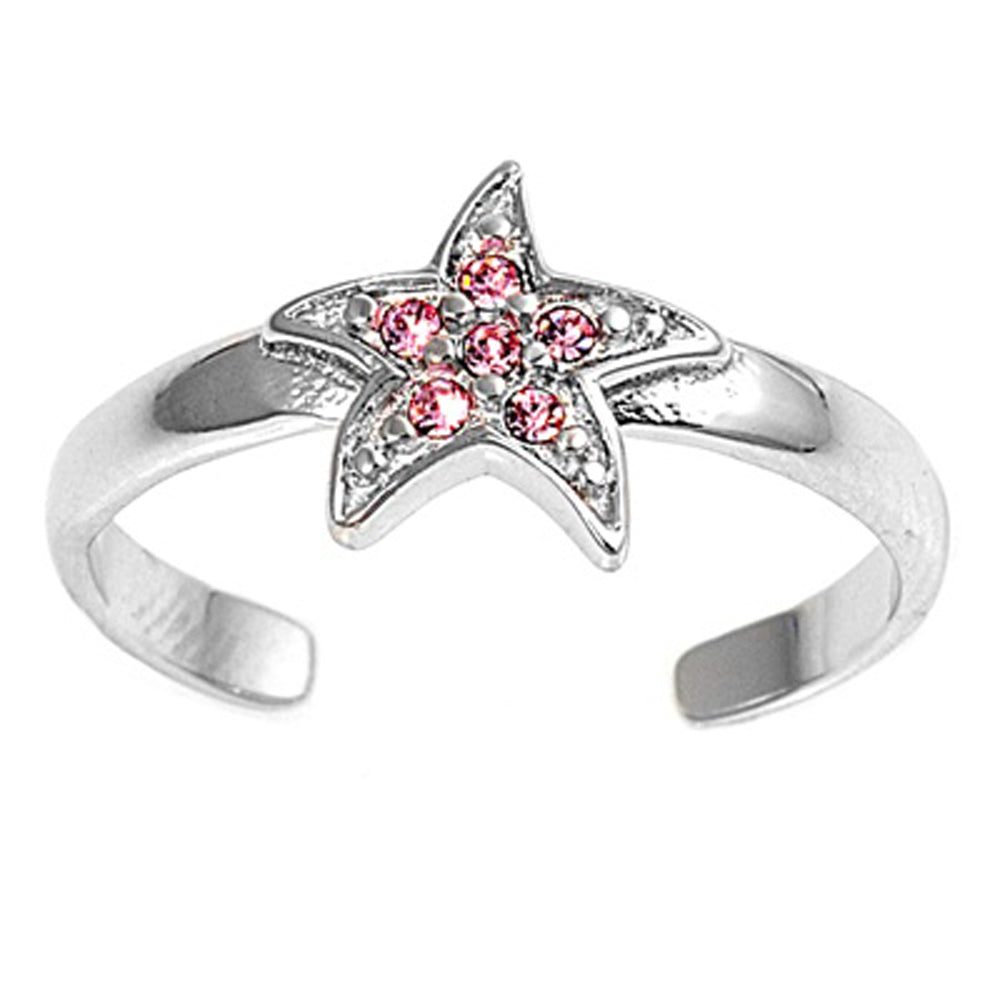 Sterling Silver Beautiful Pink CZ Starfish Toe Ring Adjustable Beach Midi Band